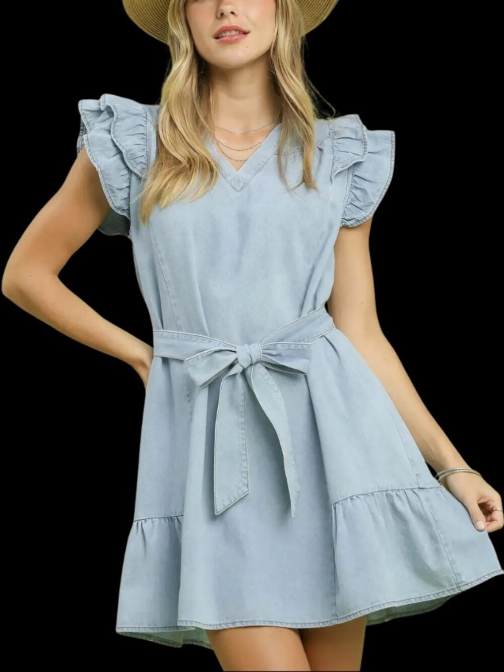 Umgee Chambray Ruffled Denim Dress with Side Pockets